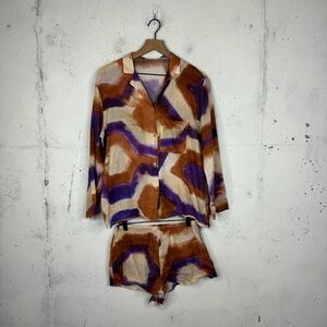 Zara Tie Dye Button Front Collard Linen Like Blouse & Short Set Blogger Fav Med